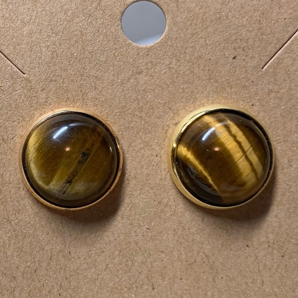 Beautiful tigers eye stone in gold stud earrings, Handmade, NWT - Picture 2 of 5